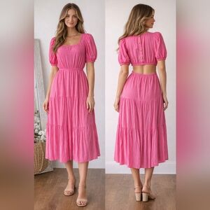Blu Pepper Hot Pink Puff-Sleeve Tiered Midi Dress
